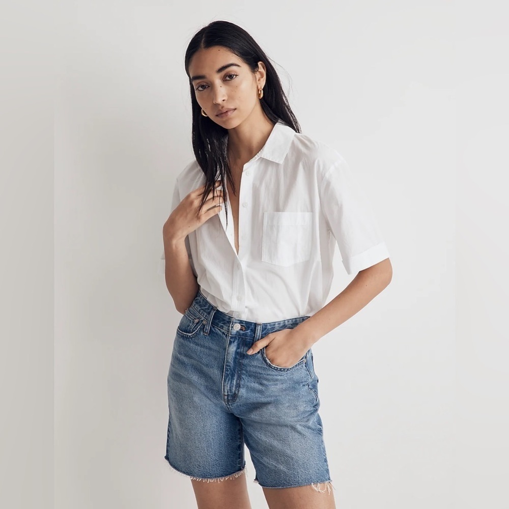 Madewell Signature Poplin Short-Sleeve Button-Down Shirt in Eyelet White